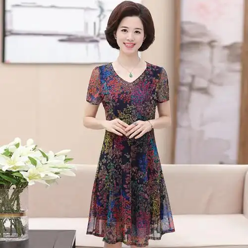 夏季新品中老年女装过膝裙子高贵修身40至55岁妈妈气质雪纺连衣裙