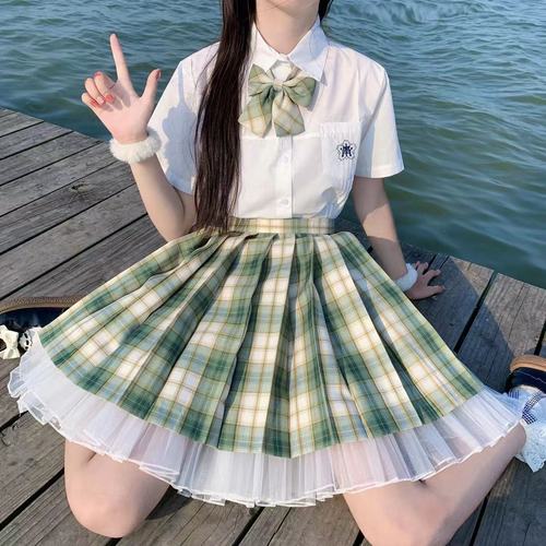 抹茶威化jk制服裙正版抹茶绿格裙学生百褶裙水果糖jk套装全套夏装