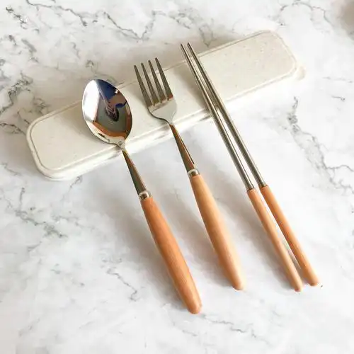 创意可爱成人旅行便携餐具三件套装学生木柄叉