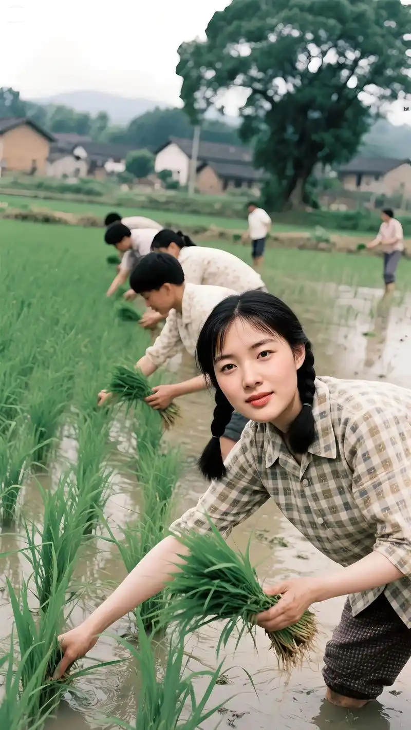在希望的田野上,他们弯腰插秧,泥水沾满裤脚.那是一代人的青春