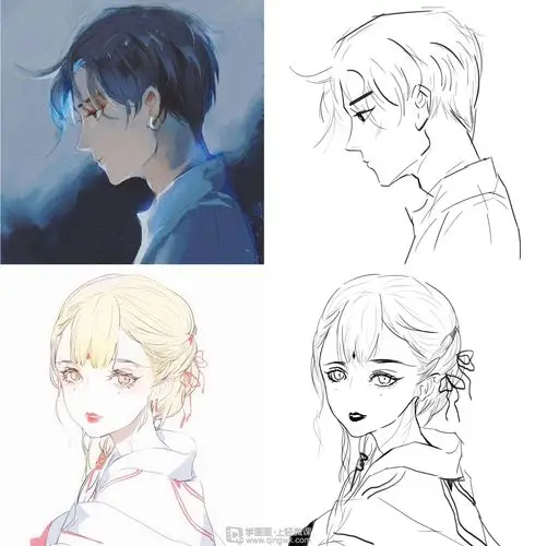 日系厚涂头部结构正侧面角度线稿