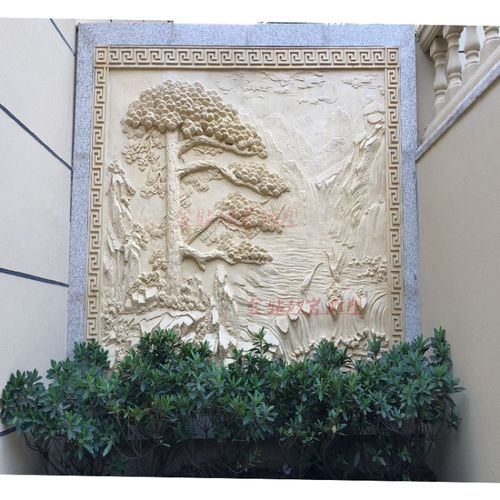 浮雕砂岩背景墙石雕壁画迎客松山水沙雕壁饰松鹤砂岩雕刻