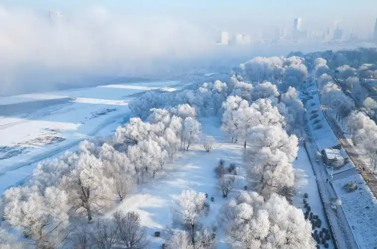 这是1月30日拍摄的吉林市松花江畔的雾凇景观(无人机照片).