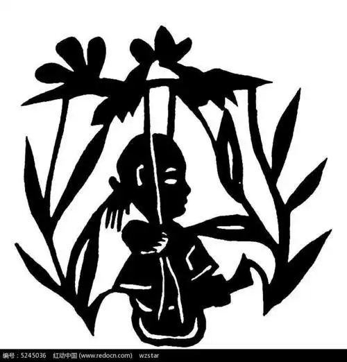 荡秋千的女童黑白剪纸图