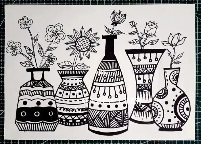 线描黑白装饰画花瓶花束控笔练习