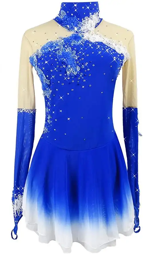 蓝色花样滑冰裙,长袖溜冰裙,指点袖氨纶比赛礼服网眼裙