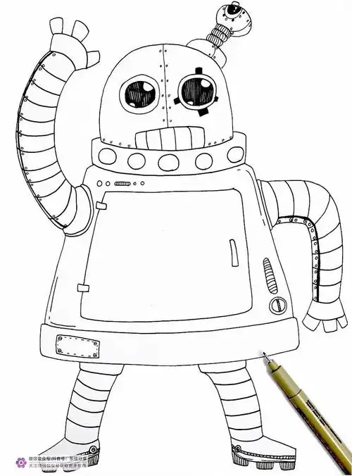 一,我们用笔画出机器人的外形,并对机器人的细节展开大胆的
