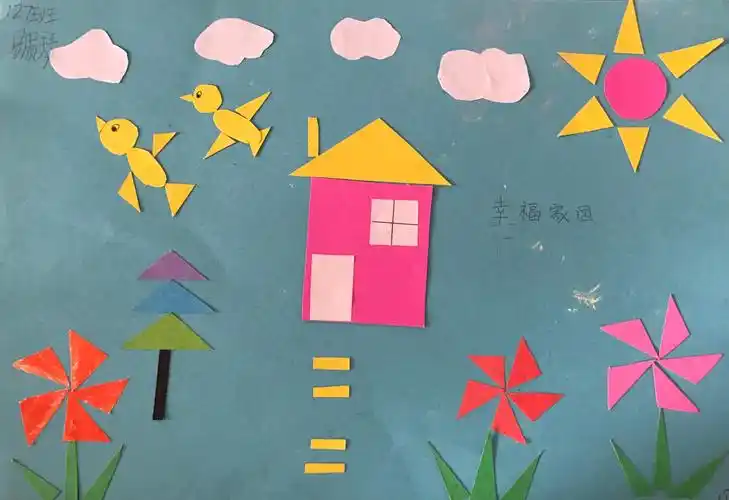 泉湖小学一年级127班128班用正方形纸剪拼图案作品集