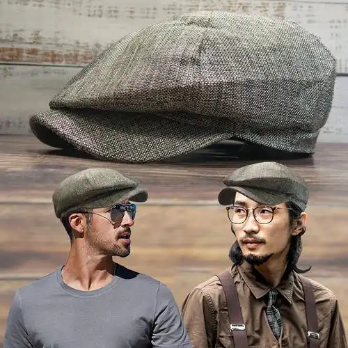 英伦复古八角帽画家男士贝雷帽透气春夏薄款街舞麻质鸭舌前进帽子