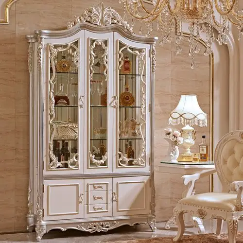 欧式别墅罗马柱三门酒柜法式实木酒柜豪华雕花储物柜玻璃装饰柜