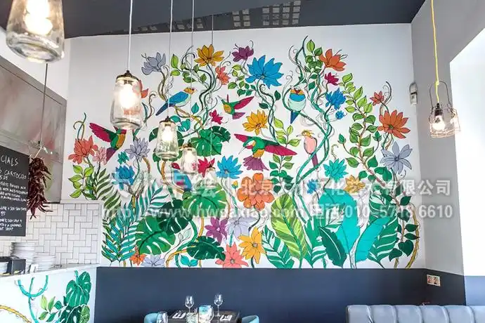 花鸟手绘墙,藤蔓彩绘,公寓大厅壁画,唯美墙绘,餐厅手绘墙,办公室手绘