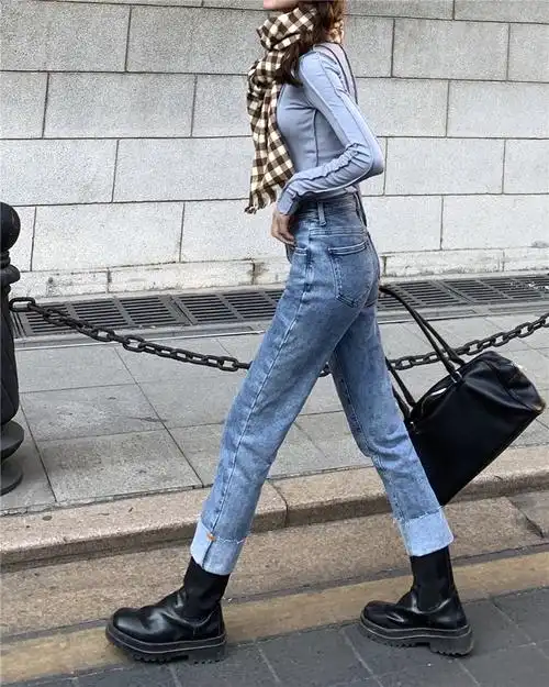 2021春季新款复古高腰直筒卷边牛仔裤女150cm设计感九分裤蓝色m