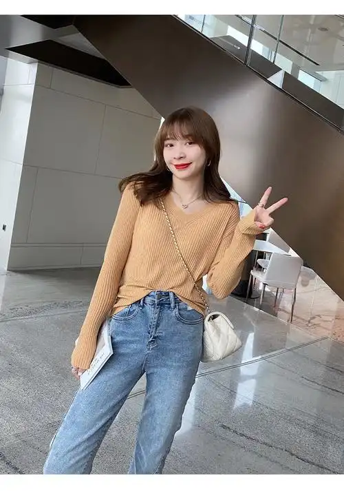 v领针织衫2021春秋新款长袖打底衫女内搭修身休闲上衣毛衣女