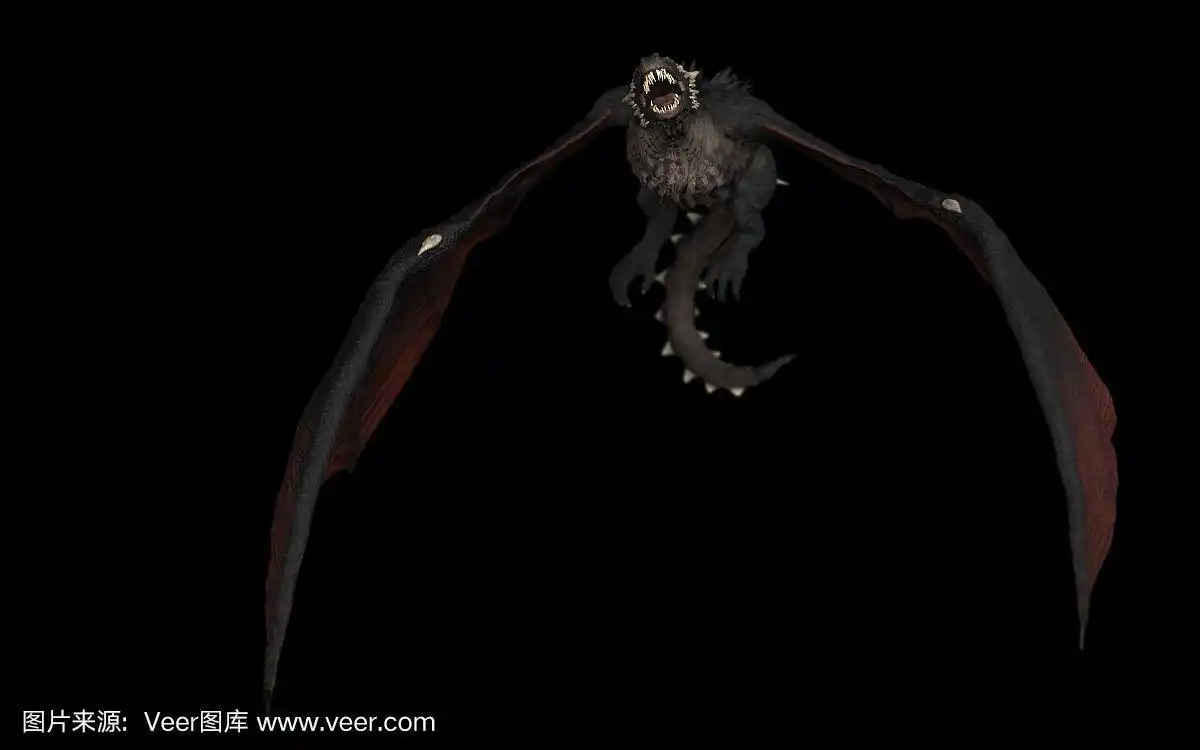 飞龙的翅膀下来和张开的嘴黑色背景孤立的3d插图