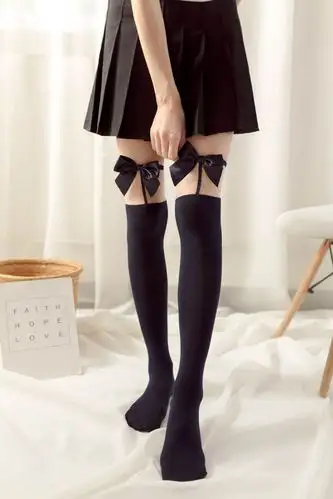 萝莉蝴蝶结过膝长筒袜子少女日系洛丽塔棉春秋网纱大蝴蝶结过膝袜
