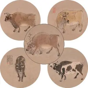 工笔画五牛图圆形团扇5幅初学者线描稿白描底稿勾线实物l569