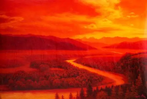 高清原创朝鲜油画,夕阳风景画 田野油画 红色风景油画!