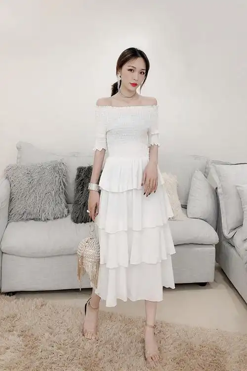 夏季新款法式韩版短袖露肩一字肩收腰连衣裙仙女超仙甜美蛋糕裙