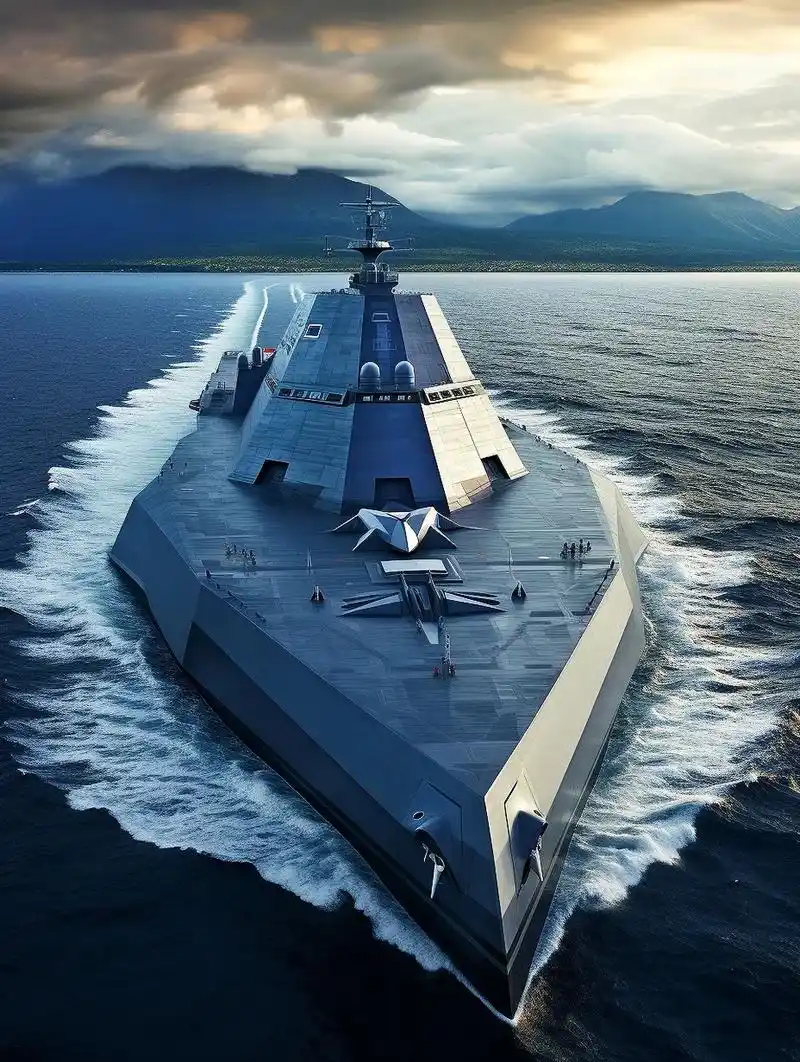 一组ai生成的未来战舰插画作品,外形上兼顾隐身,有现实中舰艇的影子.