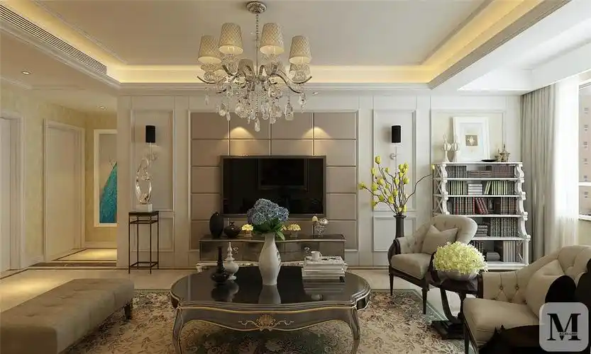 简欧 #三室 整体风格定义为欧式风格,影视墙的设计采用开放漆系列的