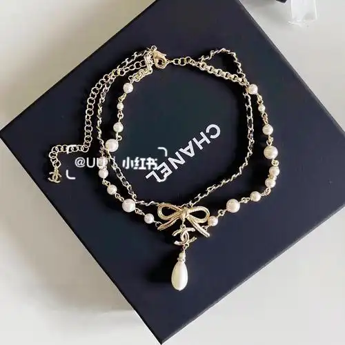 chanel22春夏新款双层蝴蝶结珍珠穿皮项链
