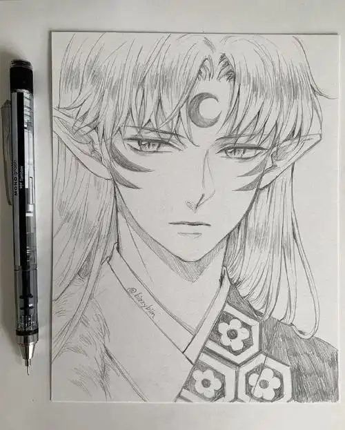 犬夜叉杀生丸铅笔画手绘线稿,帅气的杀生丸临摹素材