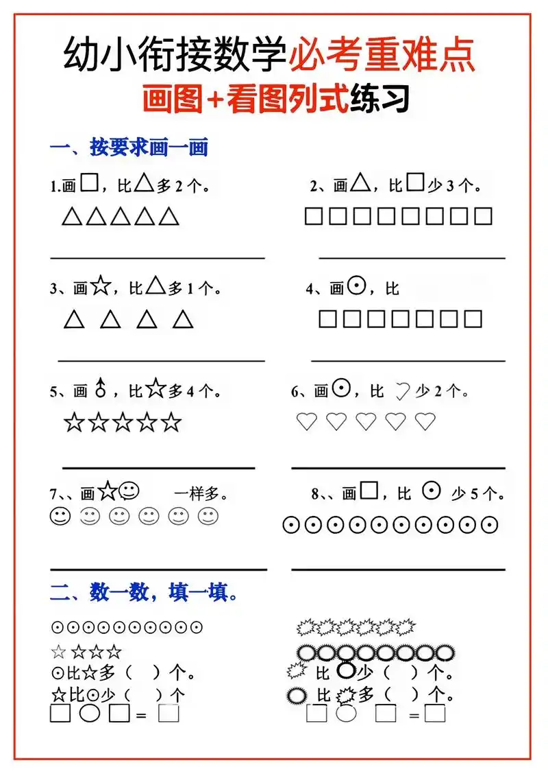 幼小衔接数学【看图 画图列式练习】97.【看图 画图列式练习 - 抖音