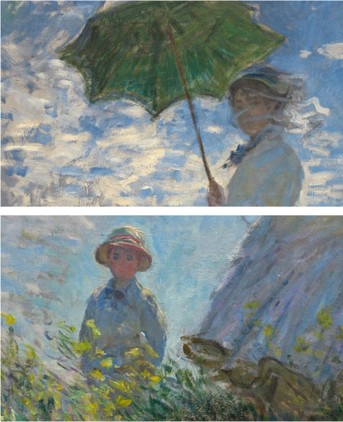 buybuyart买买艺术莫奈撑阳伞的女人4030cm装饰画油画布金色框