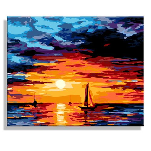 晚霞大海风景diy自绘数字油画油彩画夕阳帆船客厅餐厅装饰画填色