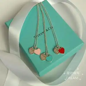 蒂芙尼珐琅爱心形项链925银tiffany双心吊坠红蓝粉锁骨链时尚首饰