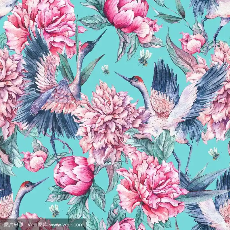 牡丹,水彩画,粉色,鹤,四方连续纹样