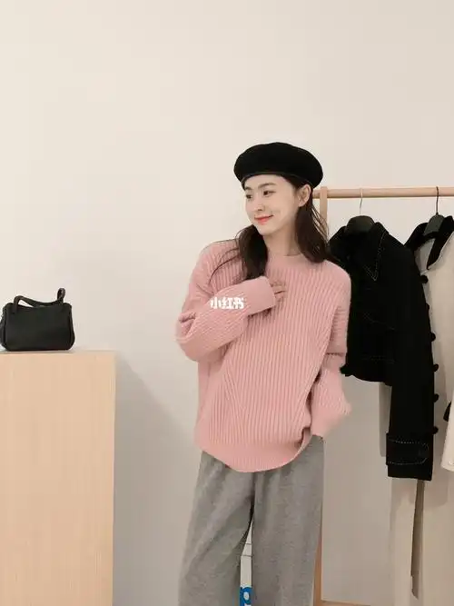 160质感坑条毛衣粉色配灰色太温柔了