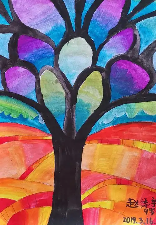本次水粉课借助树的形象,让孩子们表现色相环中的邻近色渐变