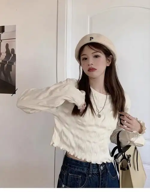 港风春秋长袖圆领t恤宽松休闲炸街女生装网红上衣潮ins风2024百搭