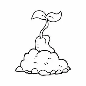 漫画风格的卡通发芽的种子有趣的可爱的人和绿色的植物或发芽的叶子