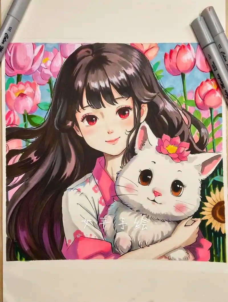 手绘马克笔动漫上色分享.好甜的卡通女孩 绘画作品临摹转发可@ - 抖音