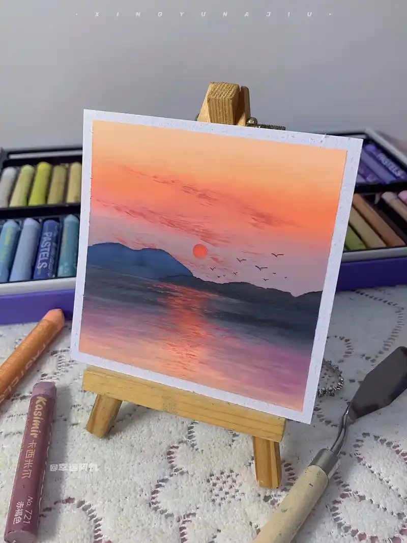 油画棒画|湖边晚霞|图文步骤教程.湖边的橘子海·适合新手的零 - 抖音