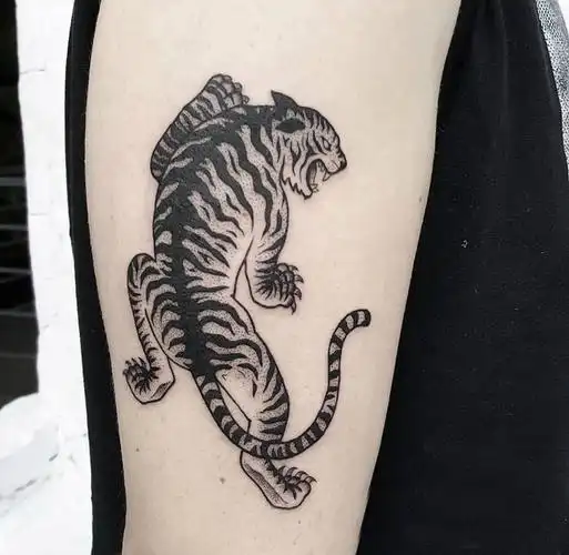 纹身老虎 男生大臂上黑色的老虎纹身图片