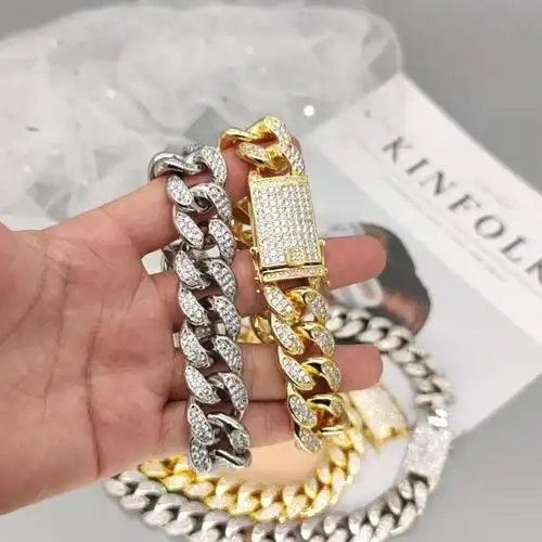 欧美镶钻男士款粗铜时尚锆石嘻哈带钻男款古巴手链项链定制定做