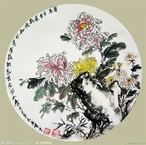 国画菊花百图欣赏(87)《团扇》