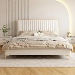 轻奢真皮床现代简约床主卧室高端大气双人网红少女奶油风齐边皮床