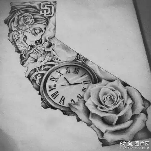 玫瑰时钟纹身设计与手稿 欧美纹身代表作之一