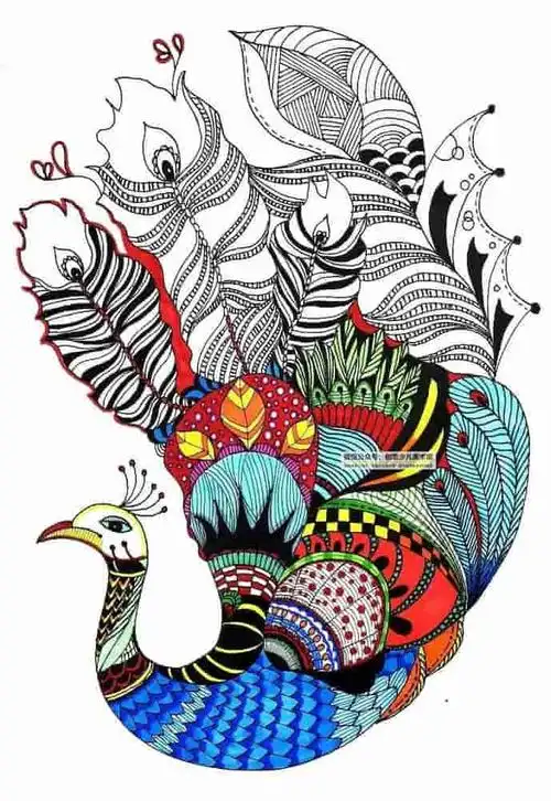 儿童画教程|综合创意线描画--这样画孔雀美丽又特别