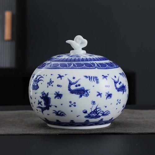 青花瓷如意陶瓷茶叶罐大号覆古密封储存罐中药粉密封罐防潮绿茶罐