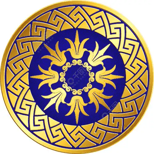 蓝色背景上的传统复古金色圆形希腊装饰品,蜿蜒和花卉图案.