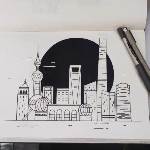 1230上海外滩黑白简笔画线描画创意