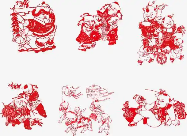 剪纸小人人物剪纸红色剪纸红色窗花招财童子贴纸新年金童玉女对贴剪