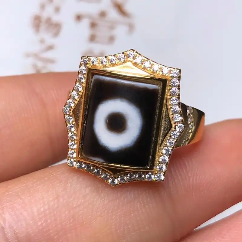 回流老料一眼天珠镶嵌925银镀金戒指 尺寸:内径16毫米 宽18毫米