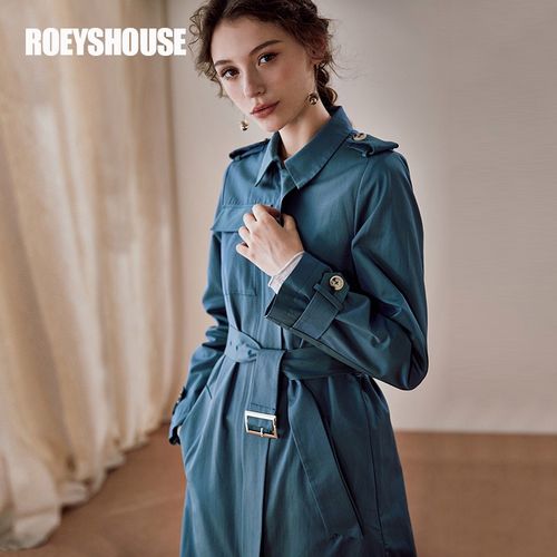 roeyshouse罗衣英伦风衣女秋装新款知性ol修身系带孔雀蓝中长外套
