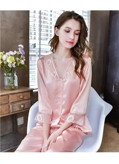 menang大牌女士真丝睡衣女秋冬冰丝家居服女性感重磅纯色少女短袖长裤